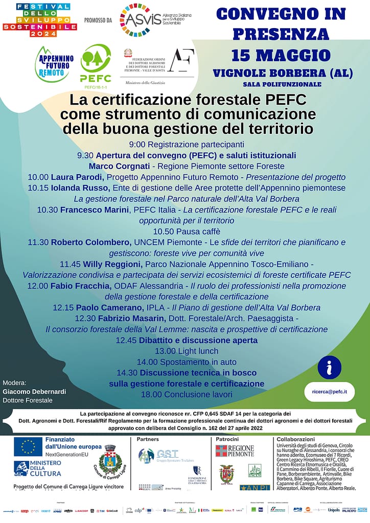 15 maggio: il PEFC Italia in Alta Val Borbera per parlare di certificazione forestale 1 Locandina convegno 15 maggio con logo ASVIS